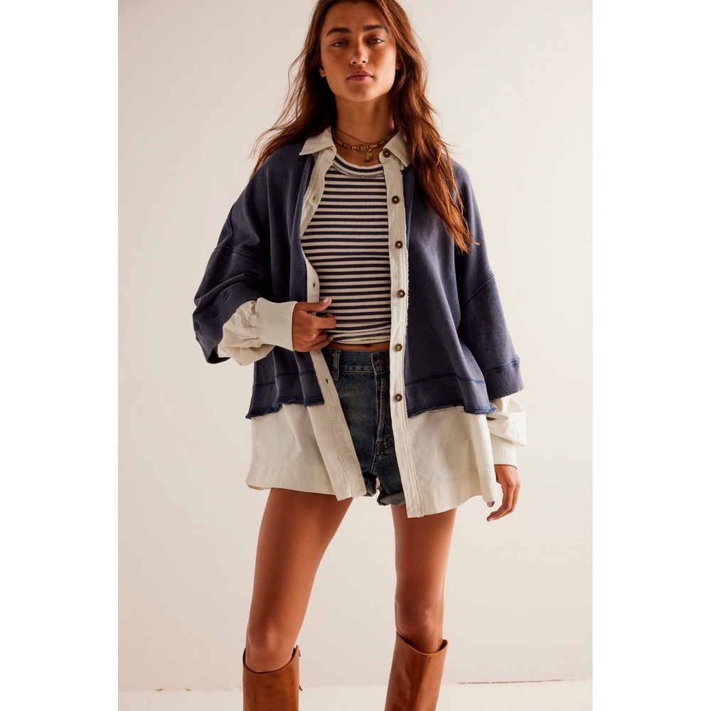 We The Free Free People Rebel Rebel Twofer Navy Blue Cream Layered Top Large